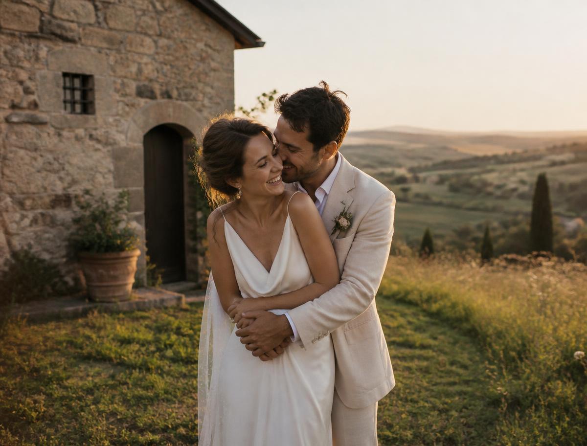 Gli sposi davanti al casale al tramonto