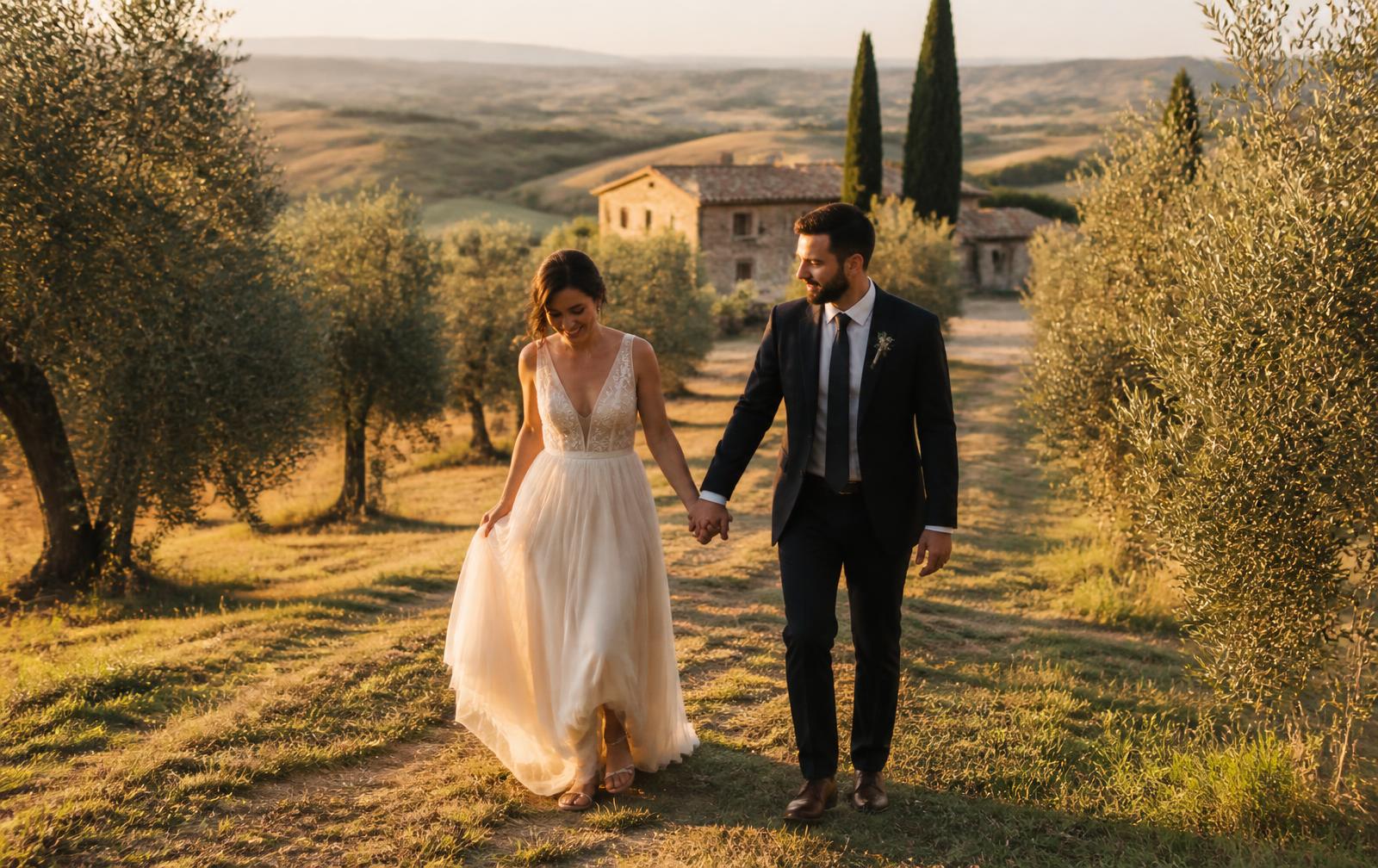 Sposi tra gli ulivi del podere al tramonto